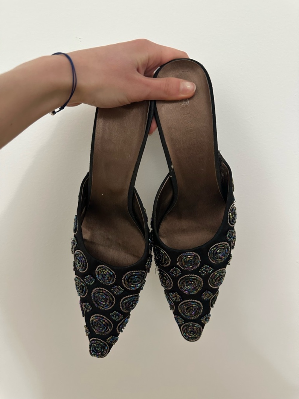 Beaded Black Pointed-Toe Women's Mules